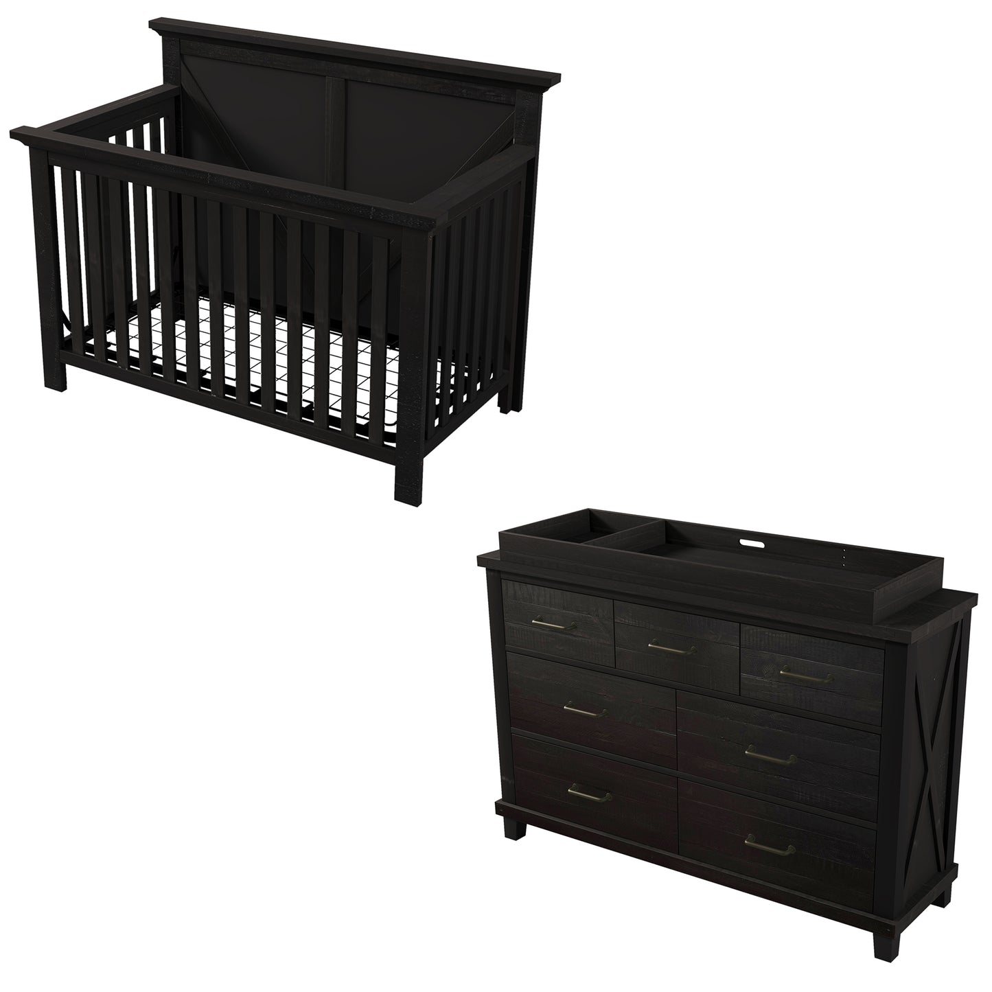 Rustic Farmhouse Style 3 Pieces Nursery Sets Blackwash Baby Crib and Changer Dreeser with Removable Changing Tray Bedroom Sets, Coffee
