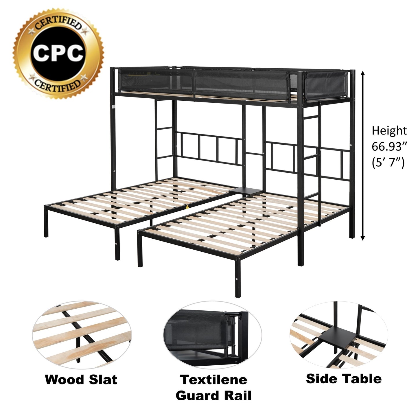 Metal Triple Twin Bunk Bed/ Sturdy Metal Bed Frame/ Noise-free Wood Slats/ Comfortable Textilene Guardrail/ 2 Side Ladders/ Bunk Bed for Three/ No Box Spring Needed