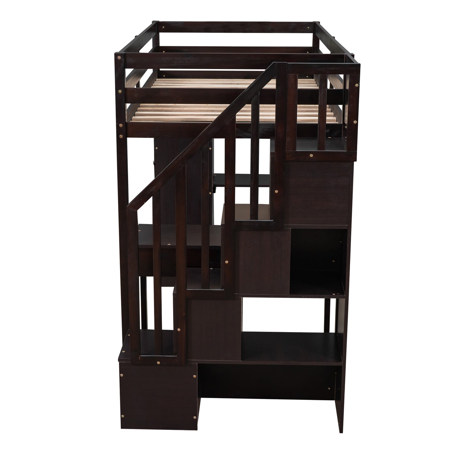 Twin size Loft Bed with Storage Drawers ,Desk and Stairs, Wooden Loft Bed with Shelves - Espresso