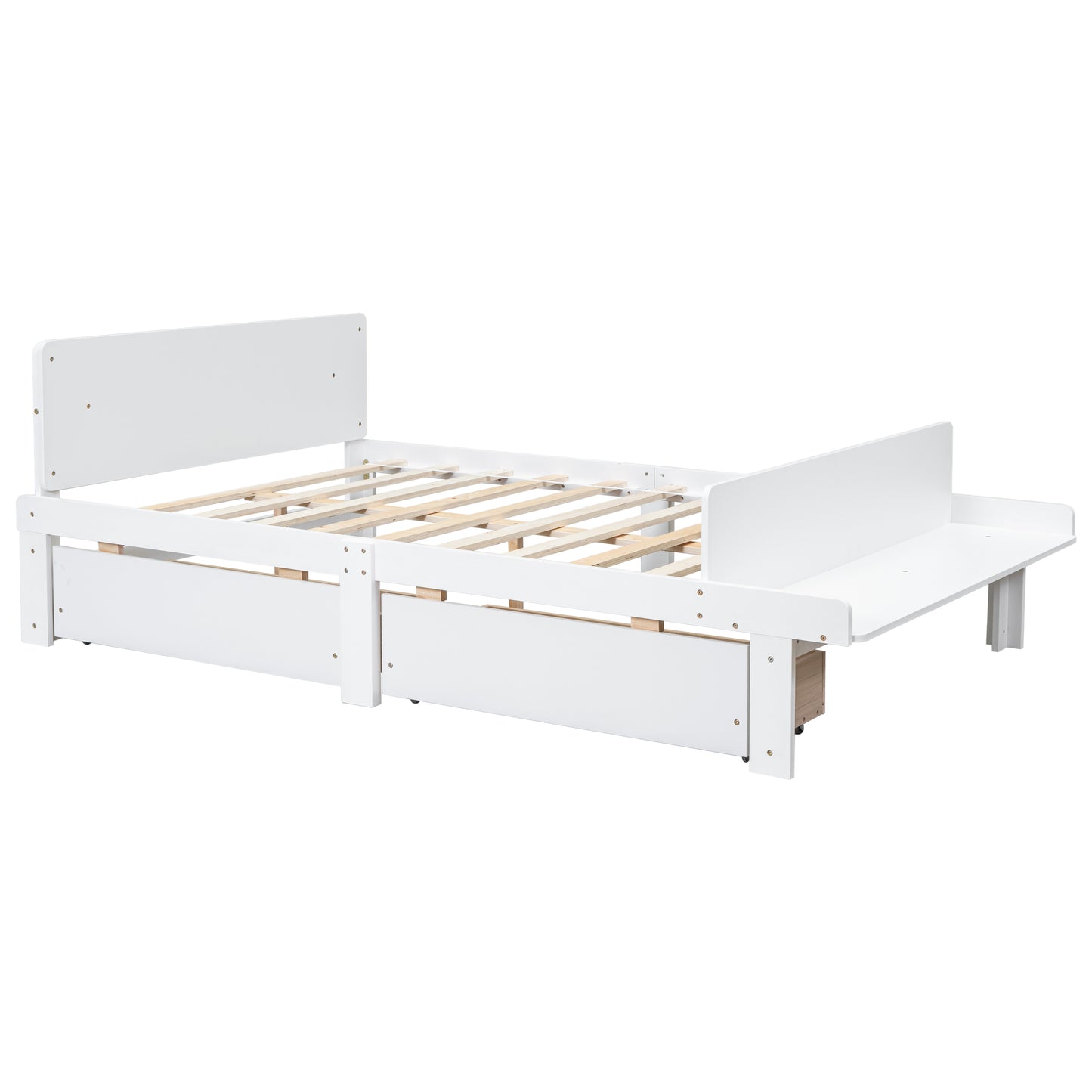 Full Platform Bed with Footboard Bench,2 drawers,White
