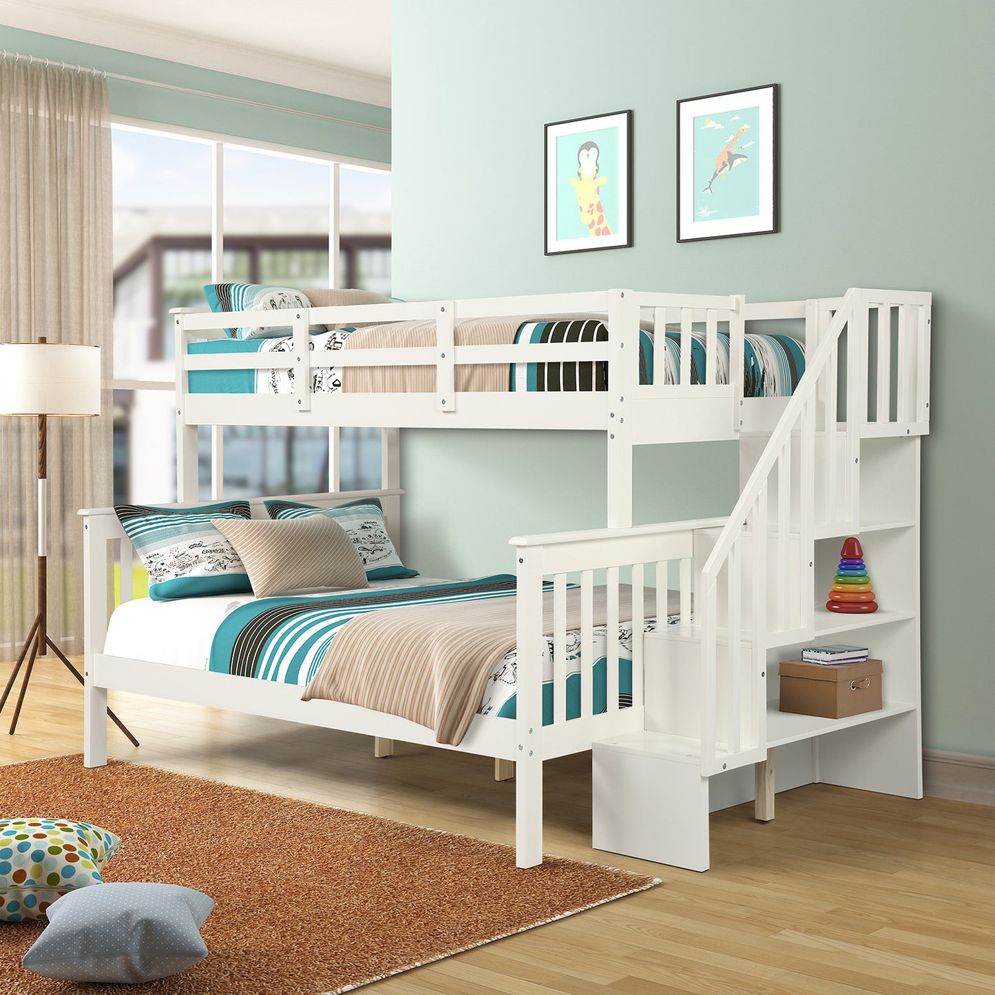 Stairway Twin-Over-Full Bunk Bed with Storage and Guard Rail for Bedroom, White color