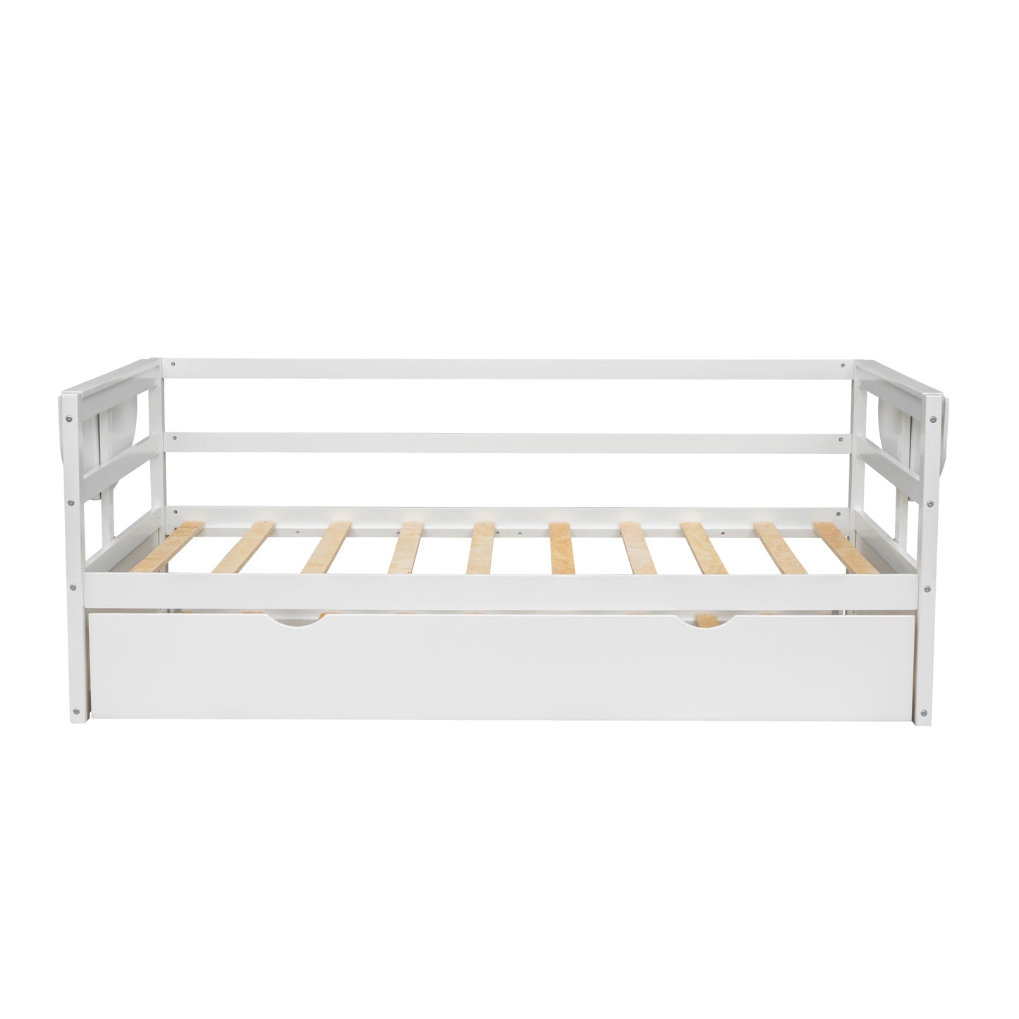 Twin Size Daybed with Trundle and Foldable Shelves on Both Sides,White