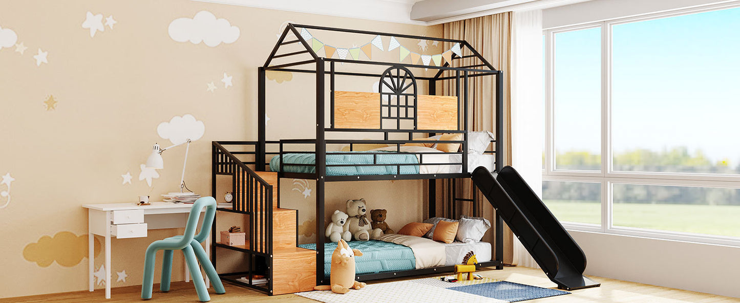 Twin Over Twin Metal Bunk Bed, Metal Housebed with Slide and Storage Stair, Black with Black Slide
