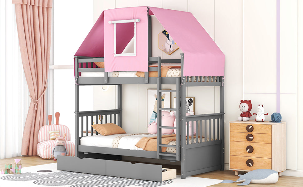 Twin Over Twin Bunk Bed Wood Bed with Tent and Drawers, Gray+Pink Tent