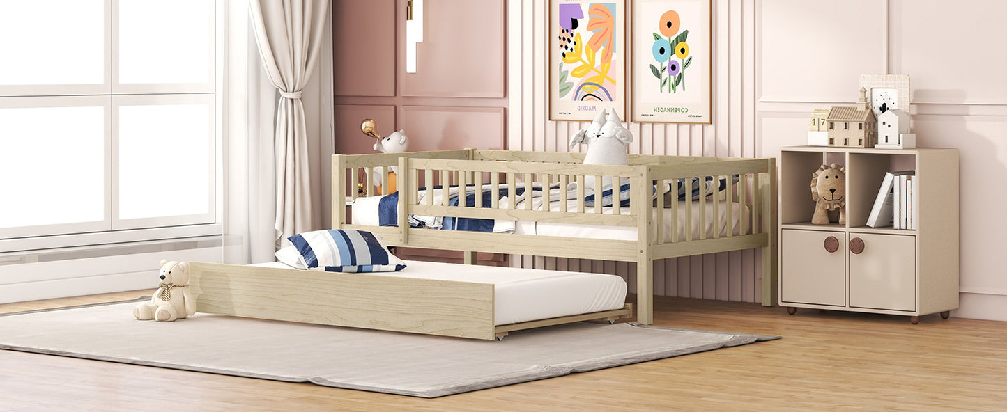 Twin Size Wood Daybed with Trundle and Fence Guardrails, Natural