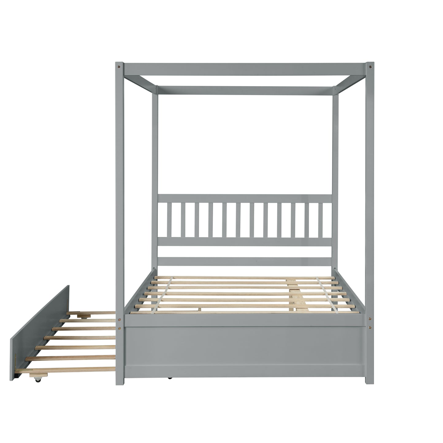 Full Size Canopy Bed with Twin Trundle, Kids Solid Wood Platform Bed Frame w/ Headboard, No Box Spring Needed Grey Color