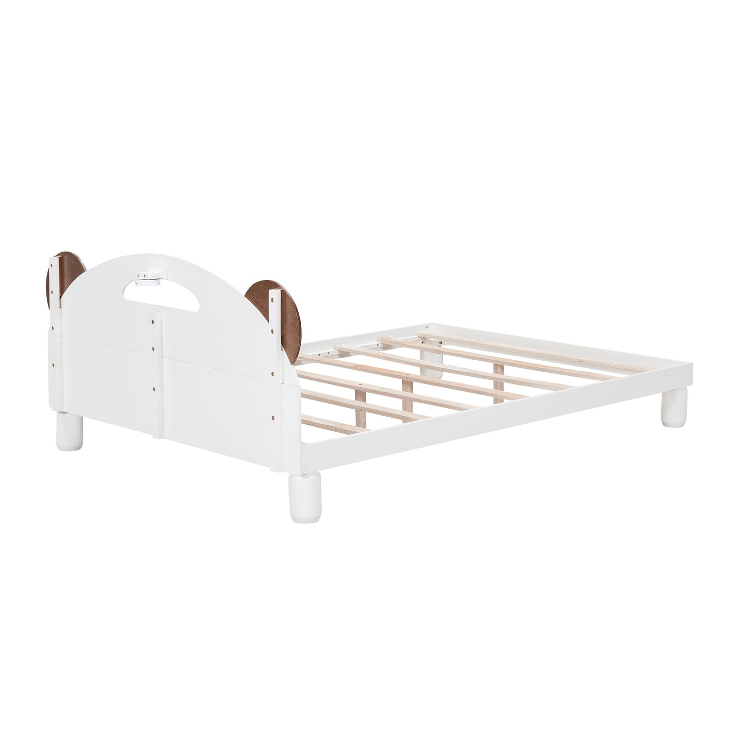 Full Size Platform Bed with Bear Ears Shaped Headboard and LED, Cream White