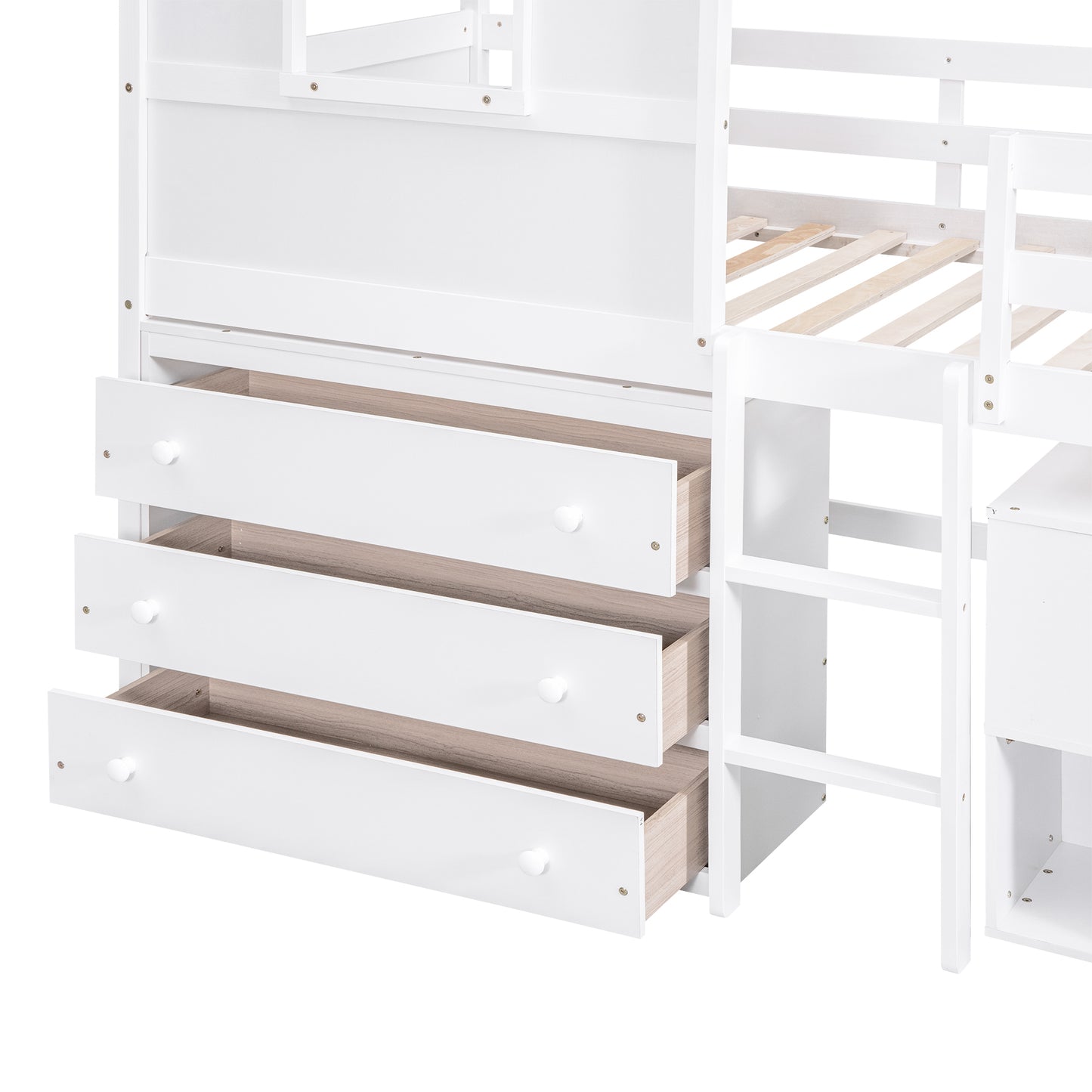 Twin Size House Loft Bed with Storage Desk and 3 Drawer Chest, White