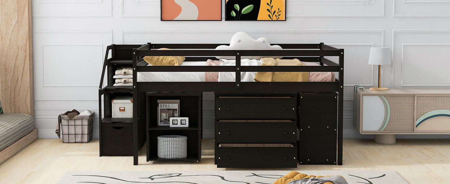 Full Size Loft Bed with Retractable Writing Desk and 3 Drawers, Wooden Loft Bed with Storage Stairs and Shelves, Espresso