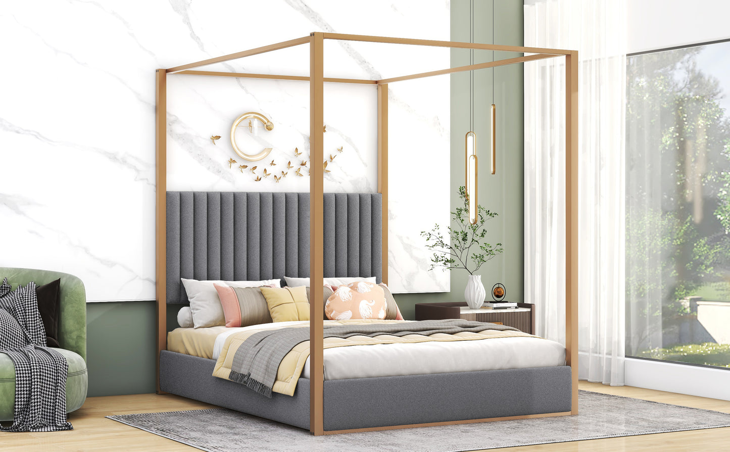 Queen Size Upholstery Canopy Platform Bed with Headboard and Metal Frame, Gray