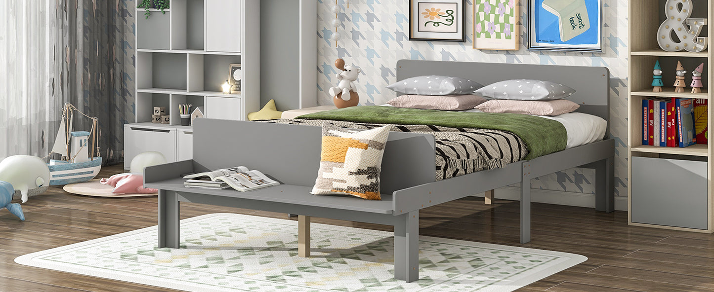 Full Platform Bed with Footboard Bench, Grey