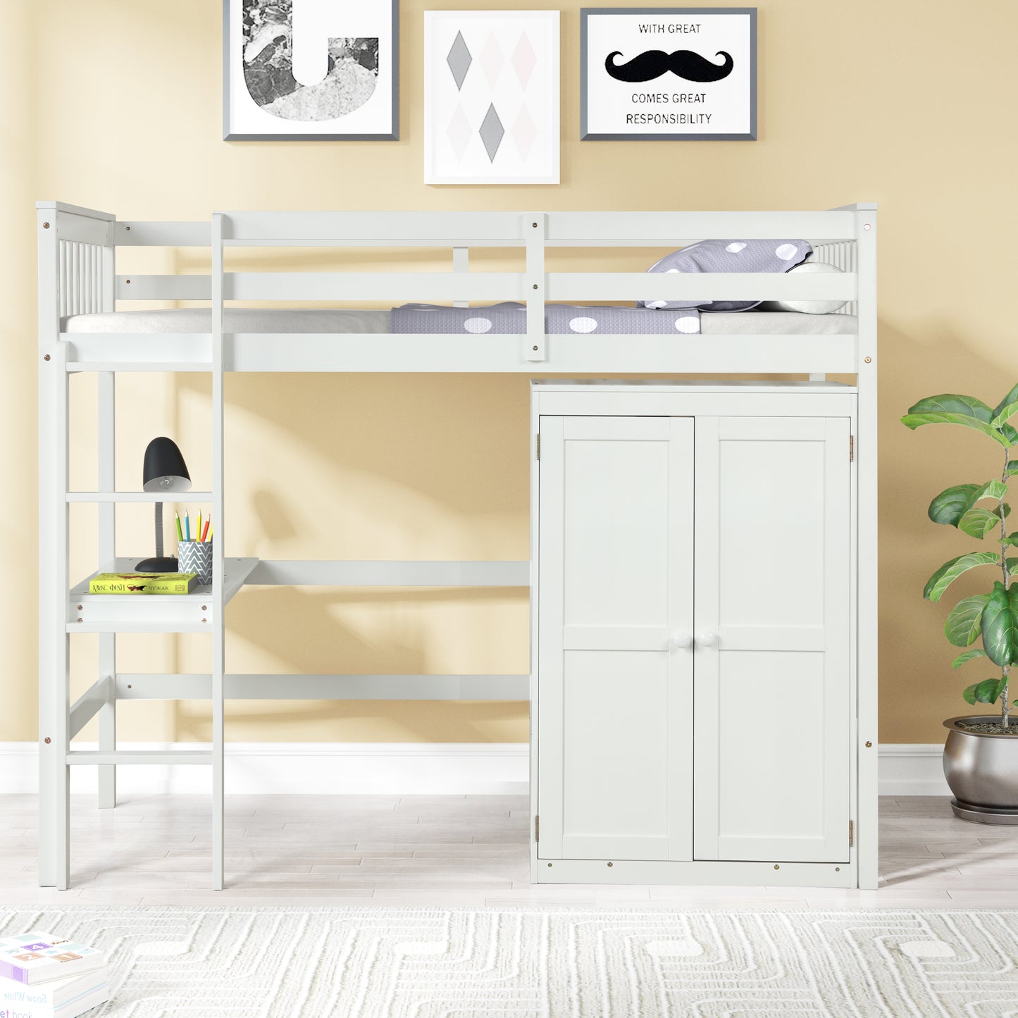 TWIN LOFT BED WITH DESK AND WARDROBE FOR WHITE COLOR