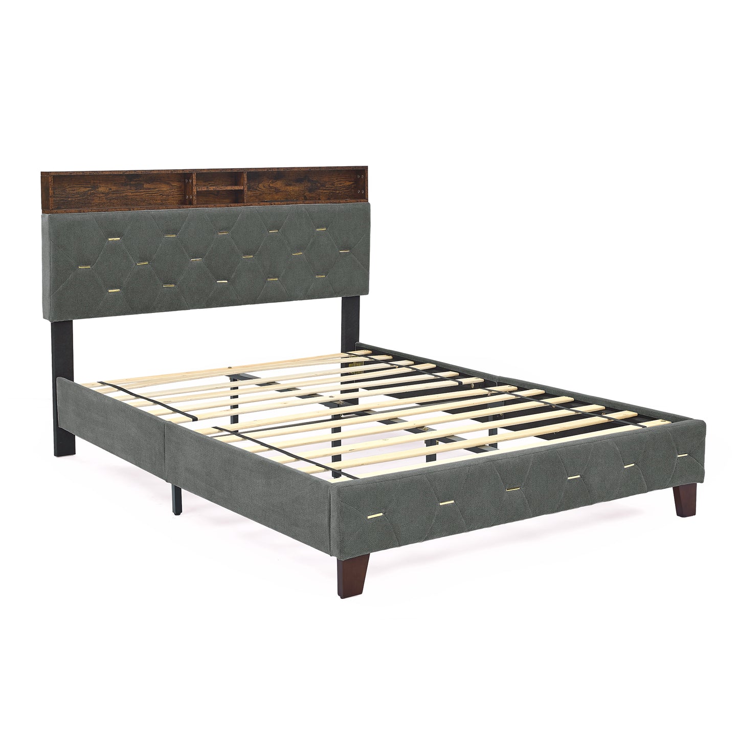 Full Size Bed Frame, Shelf Upholstered Headboard, Platform Bed with Outlet & USB Ports, Wood Legs, No Box Spring Needed, Easy Assembly, Grey