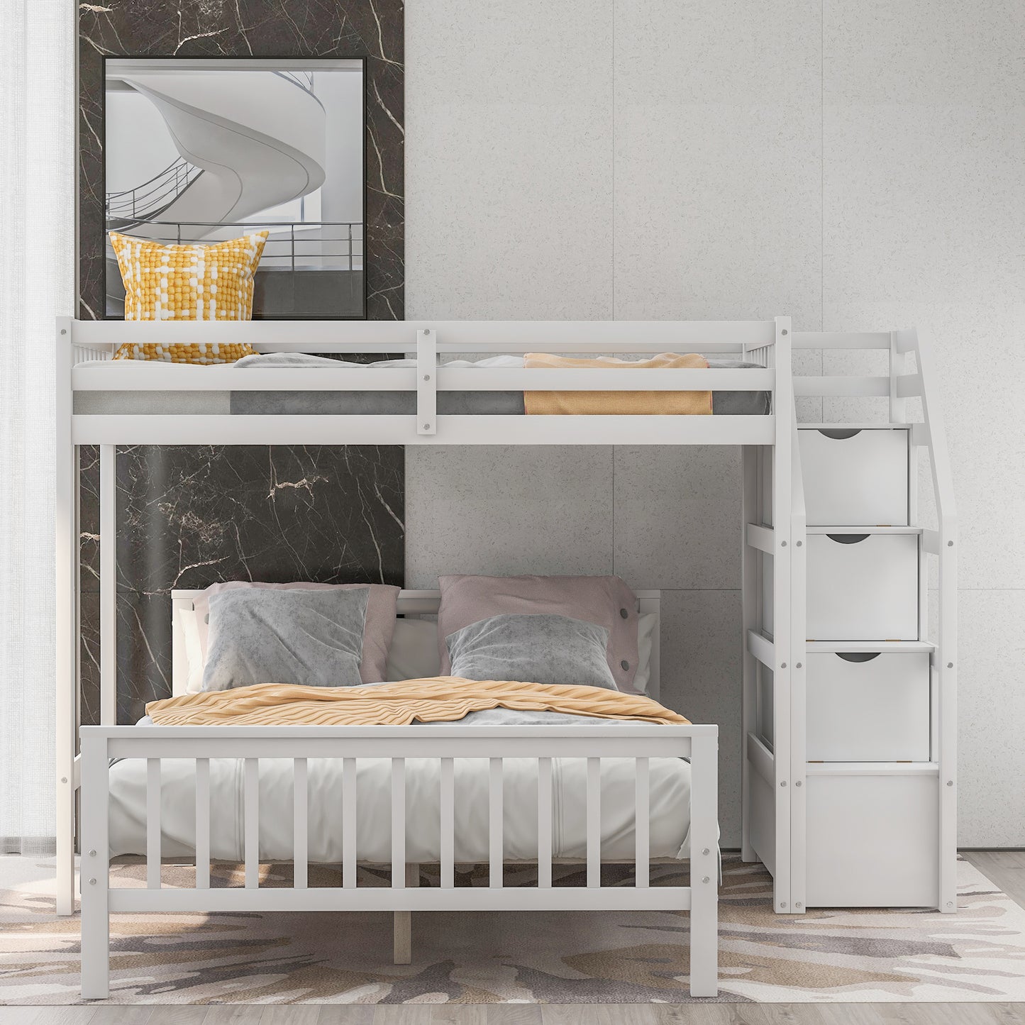 Twin over Full Loft Bed with Staircase,White