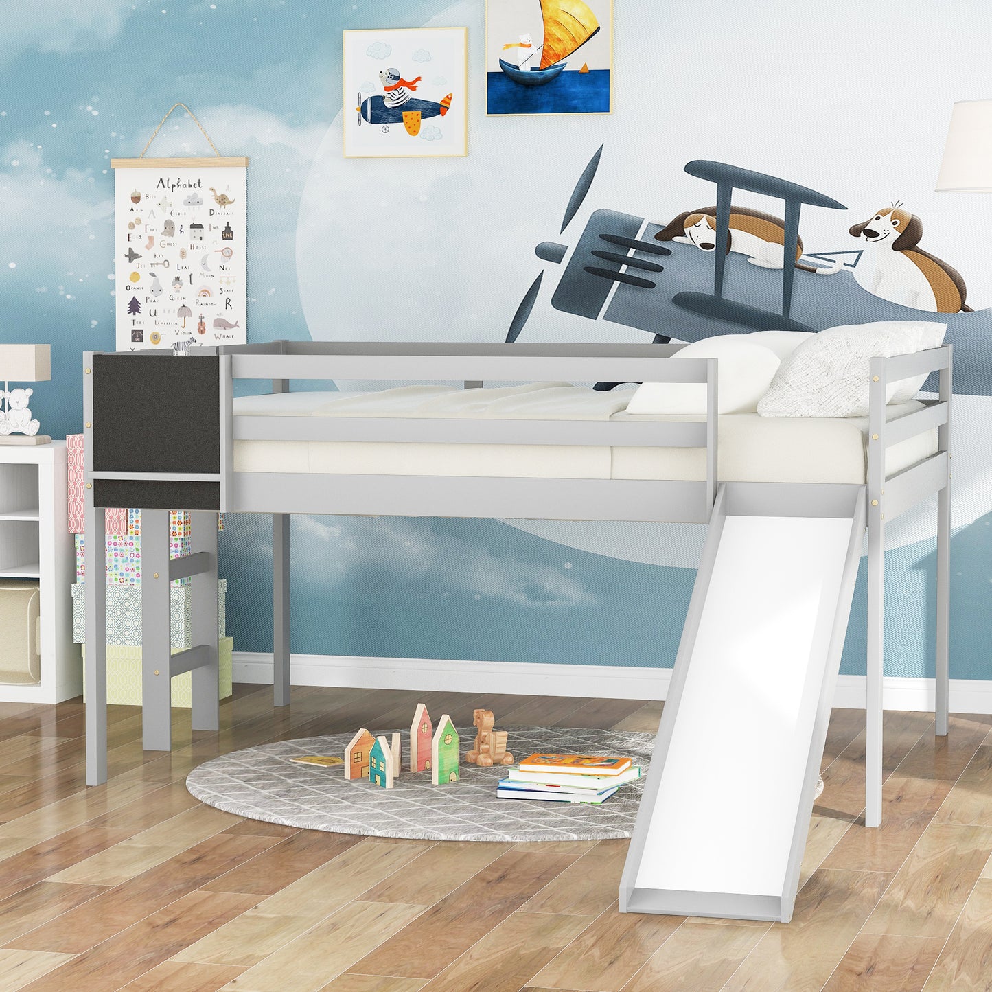 Full size Loft Bed Wood Bed with Slide, Stair and Chalkboard,Gray