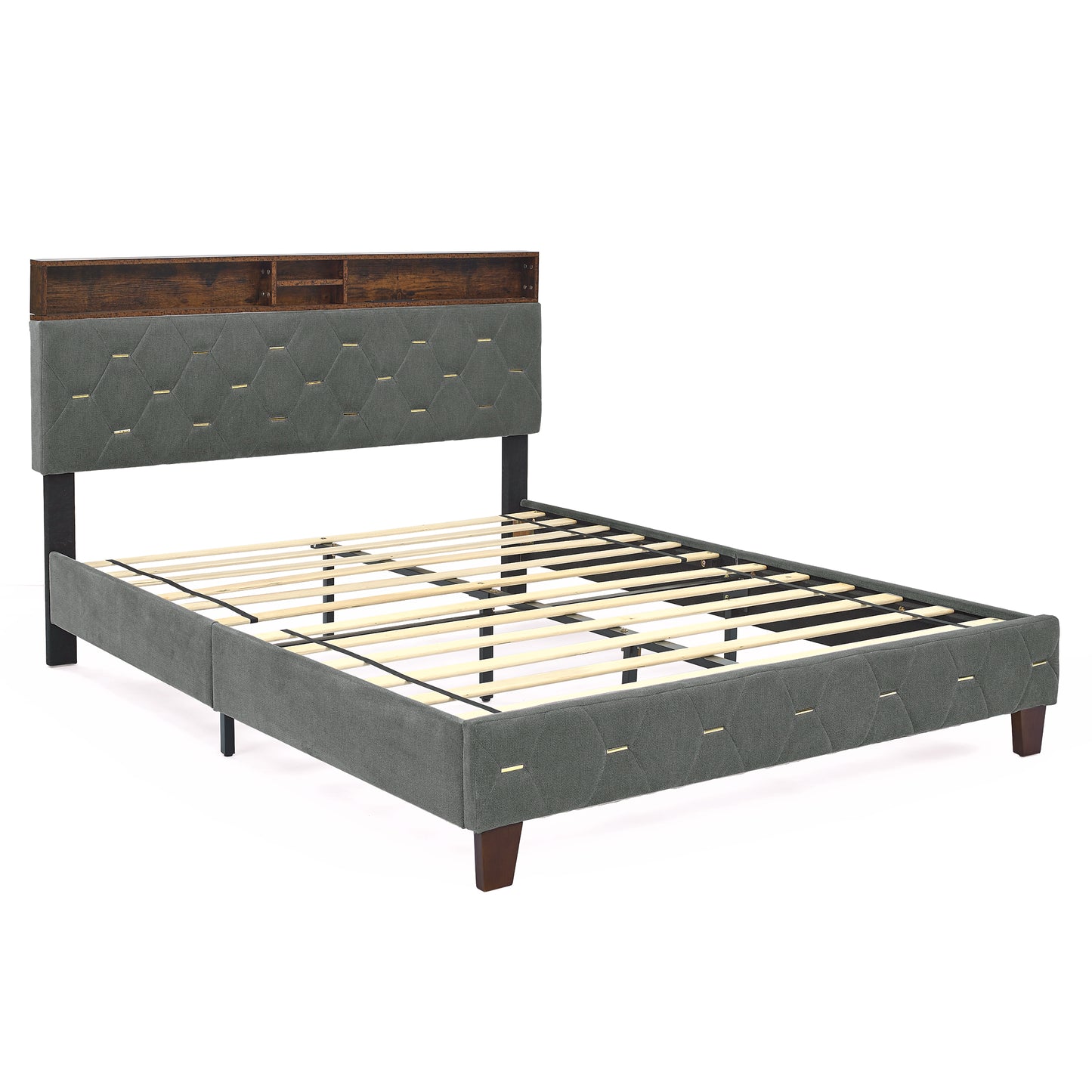 Queen Size Bed Frame, Shelf Upholstered Headboard, Platform Bed with Outlet & USB Ports, Wood Legs, No Box Spring Needed, Easy Assembly, Grey