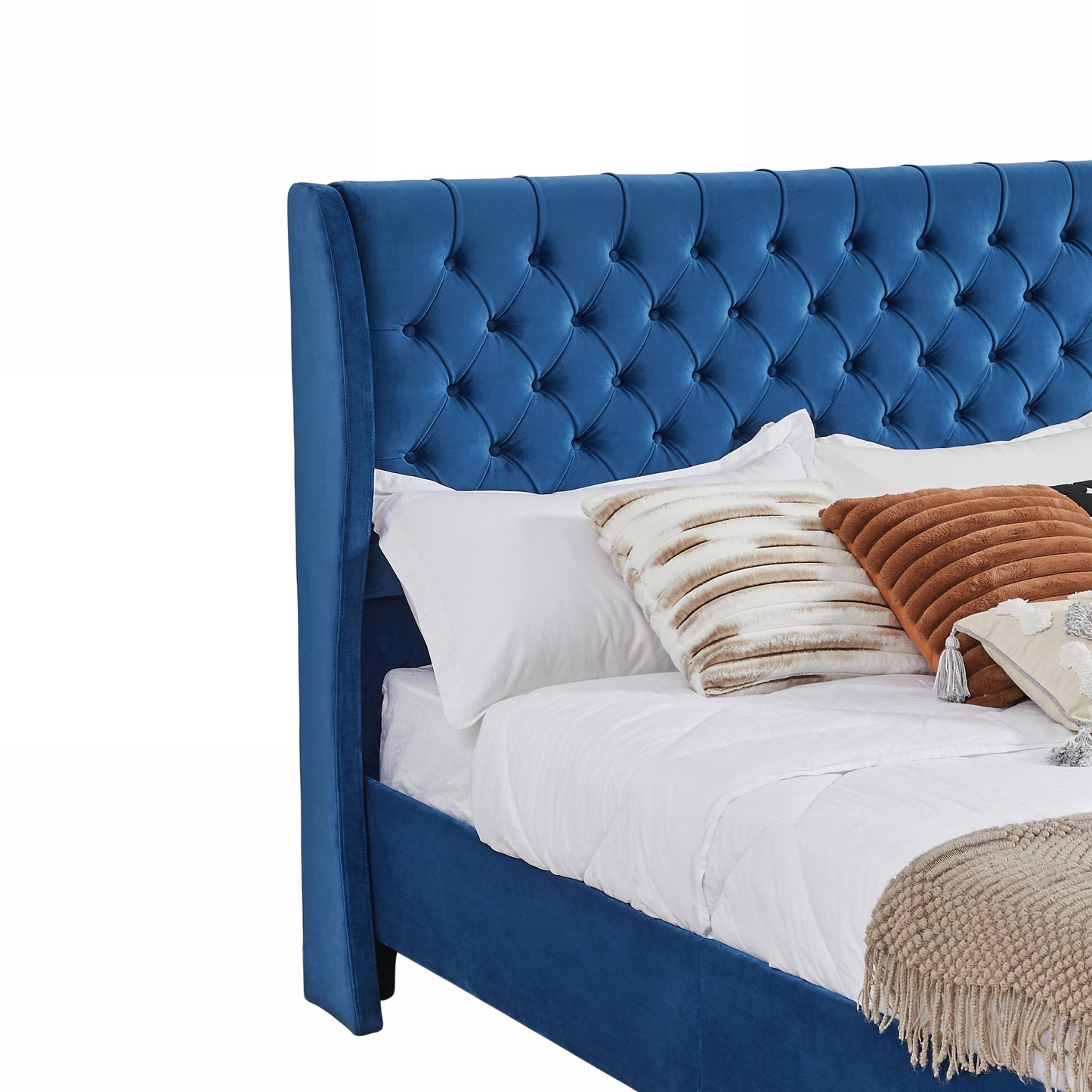 Rodeo Drive Collection Upholstered Wingback Velvet Fabric Chesterfield Bed/Button Tufted Headboard with Vintage Wing/Wood Slat Support/Easy Assemble. Queen-Blue