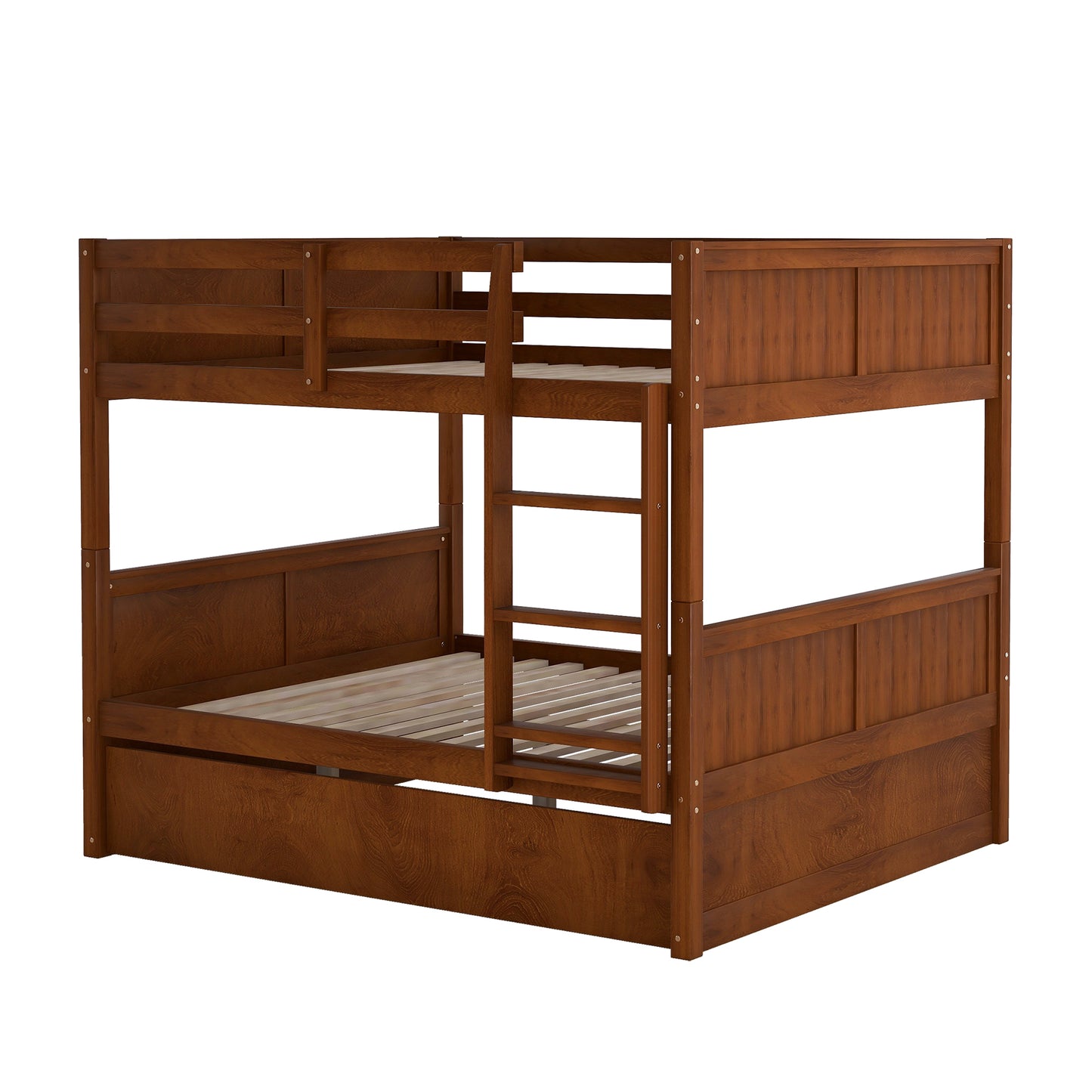 Full Over Full Bunk Bed with Twin Size Trundle, Walnut
