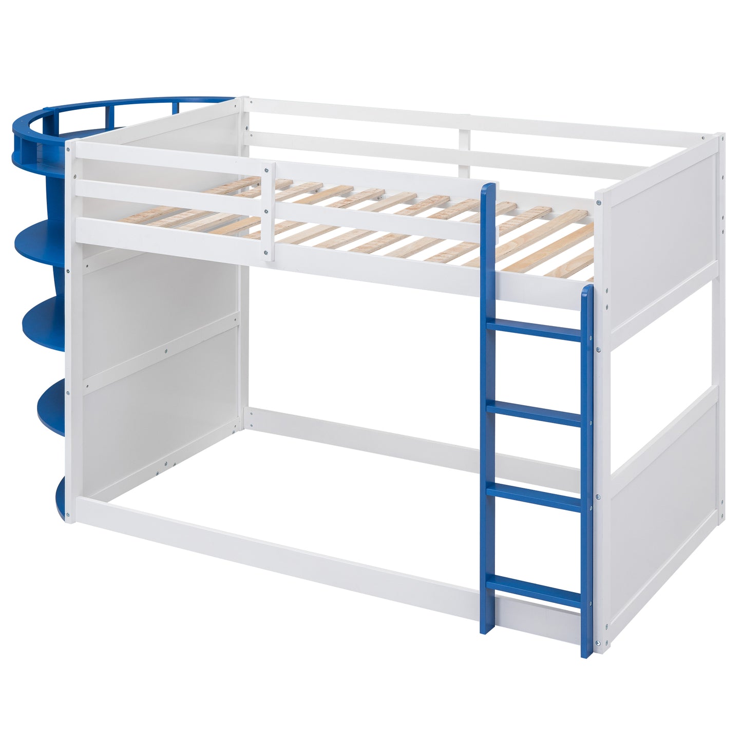 Twin over Twin Boat-Like Shape Bunk Bed with Storage Shelves, White+Blue