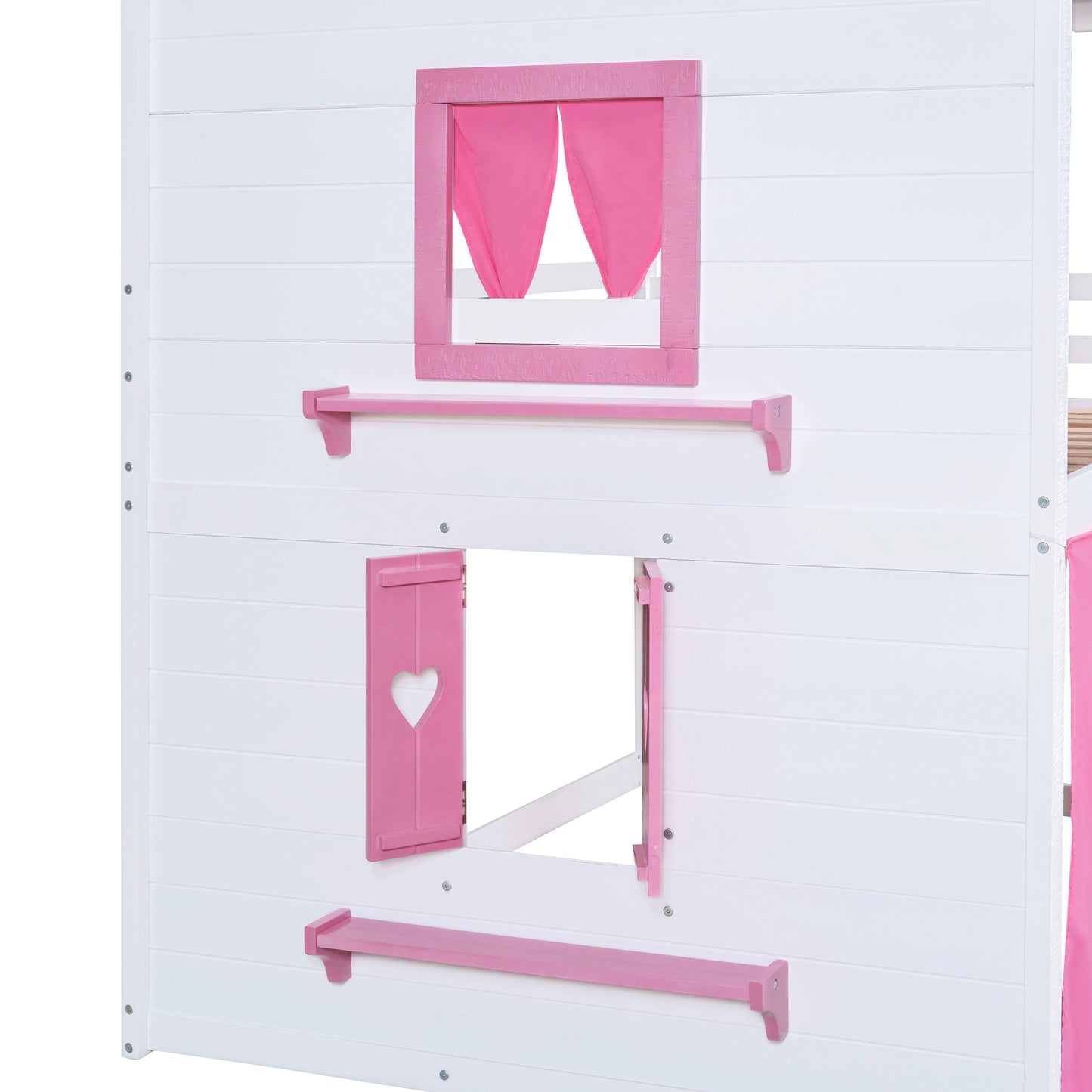 Full Size Bunk Wood House Bed with Elegant Windows, Sills and Tent,  Pink+White