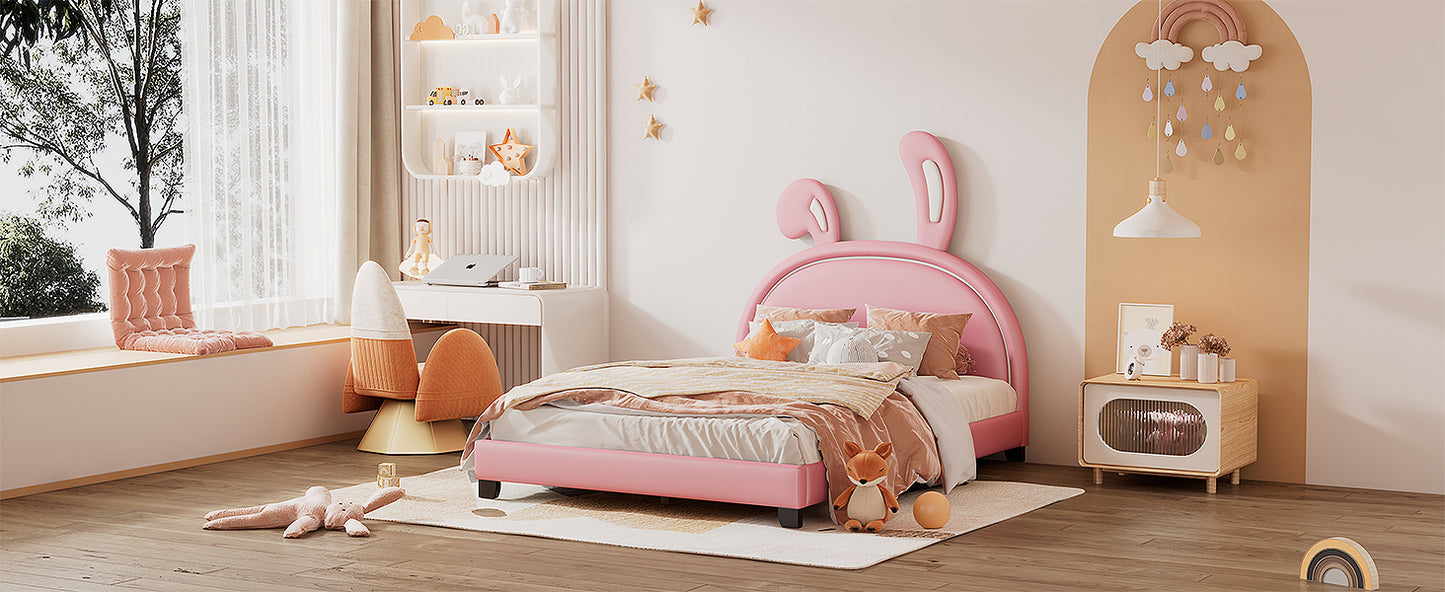 Full Size Upholstered Leather Platform Bed with Rabbit Ornament, Pink