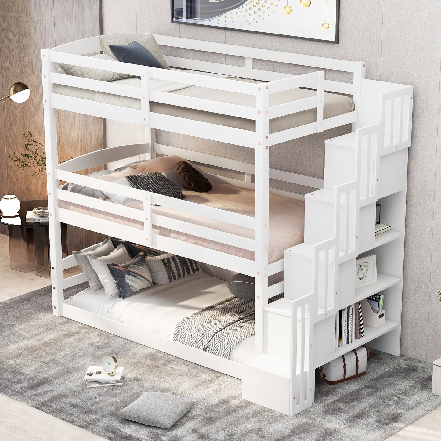 Twin Size Triple Bunk Bed with Storage Staircase,Separate Design,White