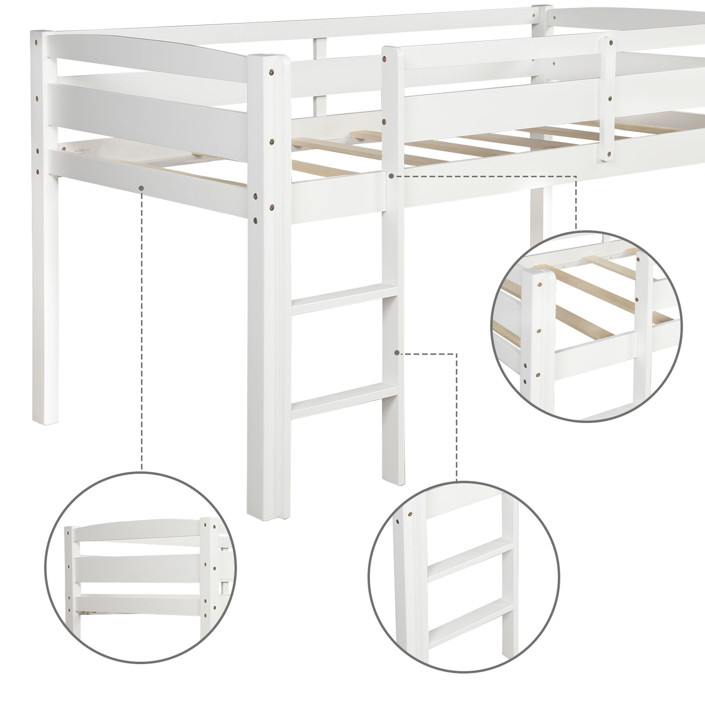 Twin Wood Loft Bed Low Loft Beds with Ladder,Twin,White