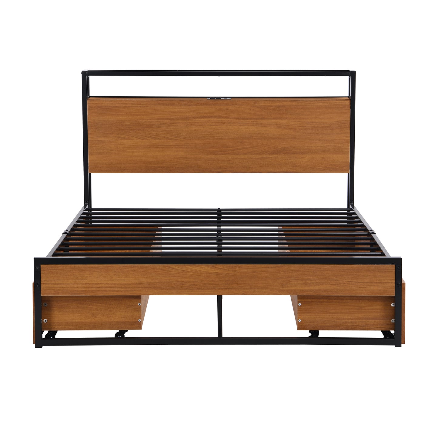 Full Size Metal Platform Bed Frame with  Four Drawers,Sockets and USB Ports ,Slat Support No Box Spring Needed Black