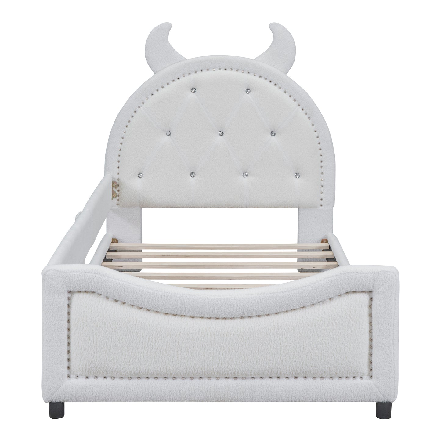 Teddy Fleece Twin Size Upholstered Daybed with OX Horn Shaped Headboard, White