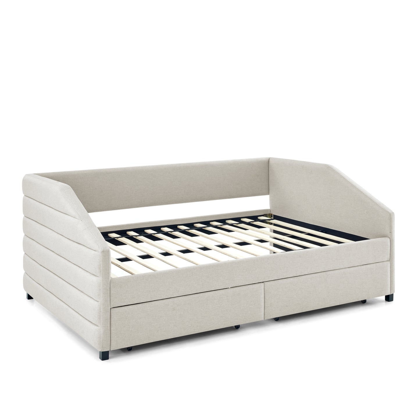 Full Size Upholstered Tufted Daybed with Two Drawers, Linen Fabric, Beige (82.5"x58"x34")