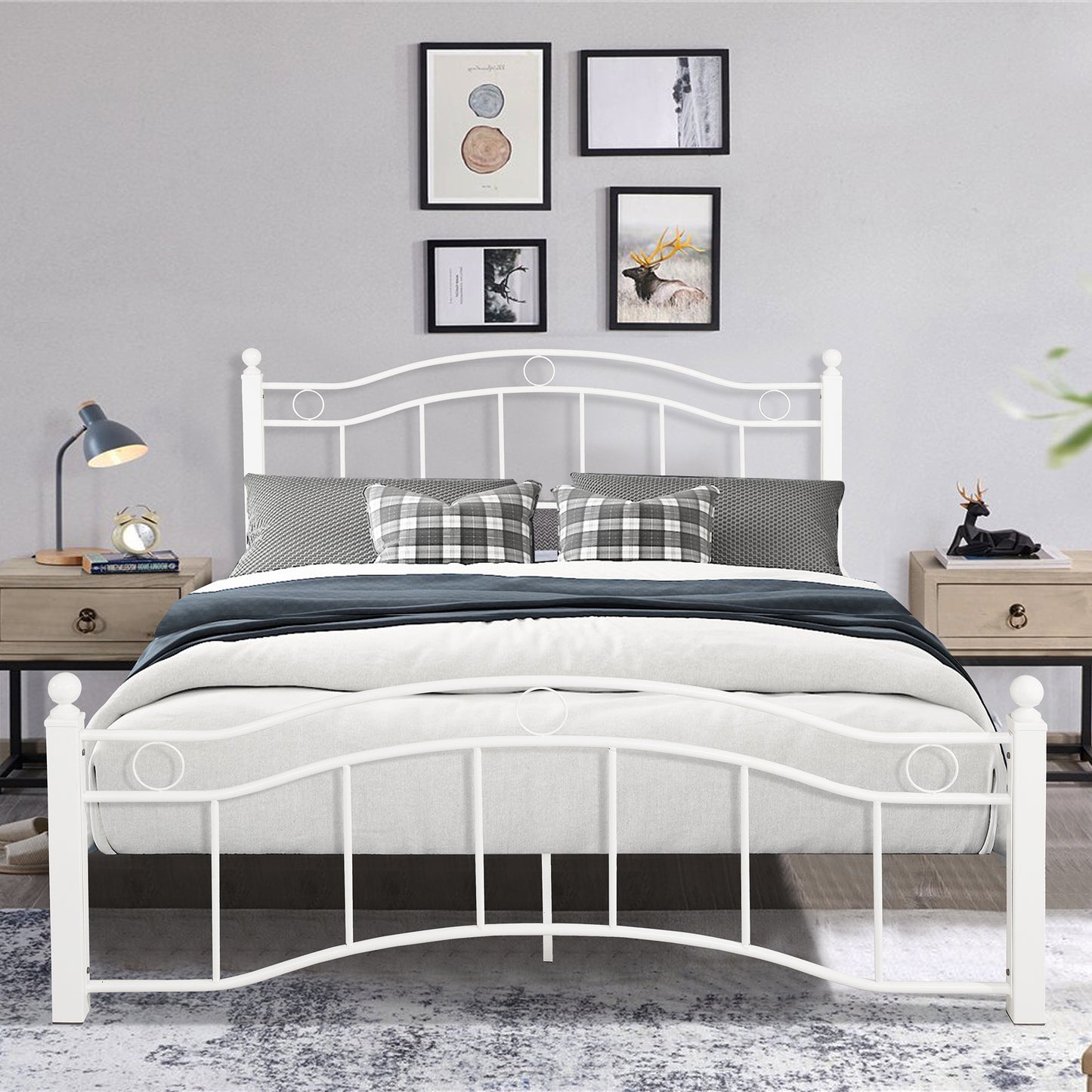 Queen Size Metal Platform Bed Frame with Headboard and Footboard - White