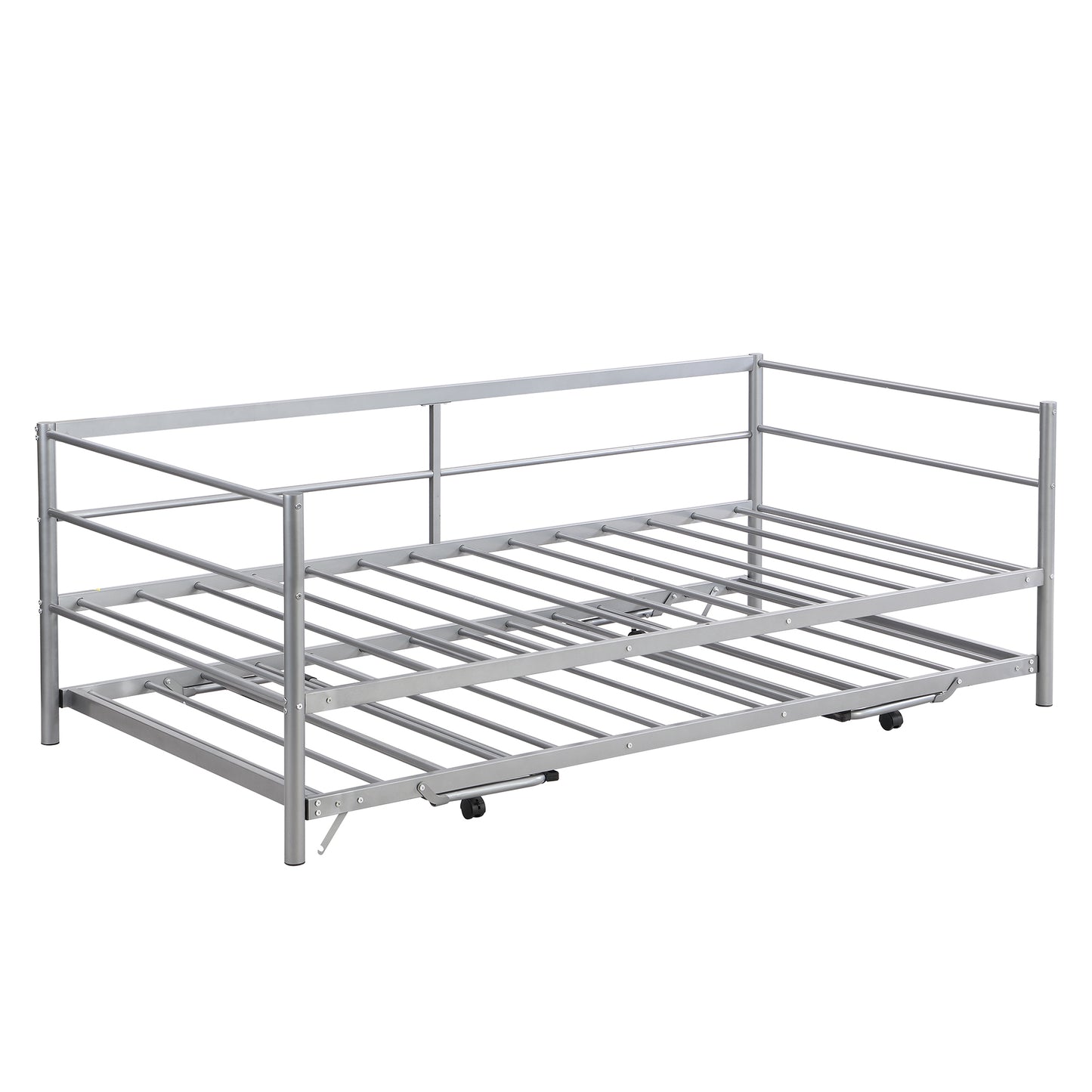 Twin Size Metal Daybed with Adjustable Trundle, Pop Up Trundle, Silver