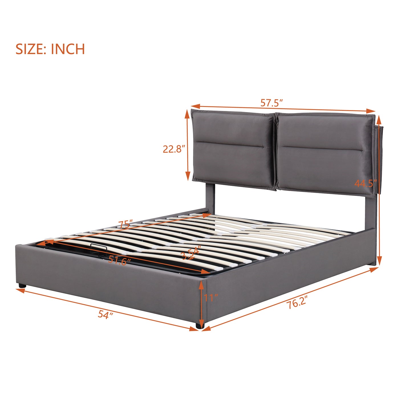 Upholstered Platform bed with a Hydraulic Storage System, Full size, Gray
