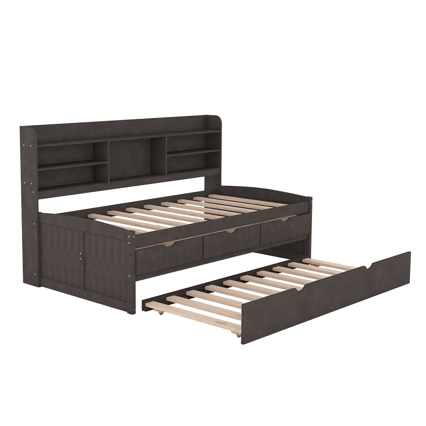 Twin Size Wooden Captain Platform Bed with Built-in Bookshelves, 3 Storage Drawers and Trundle, Antique Gray