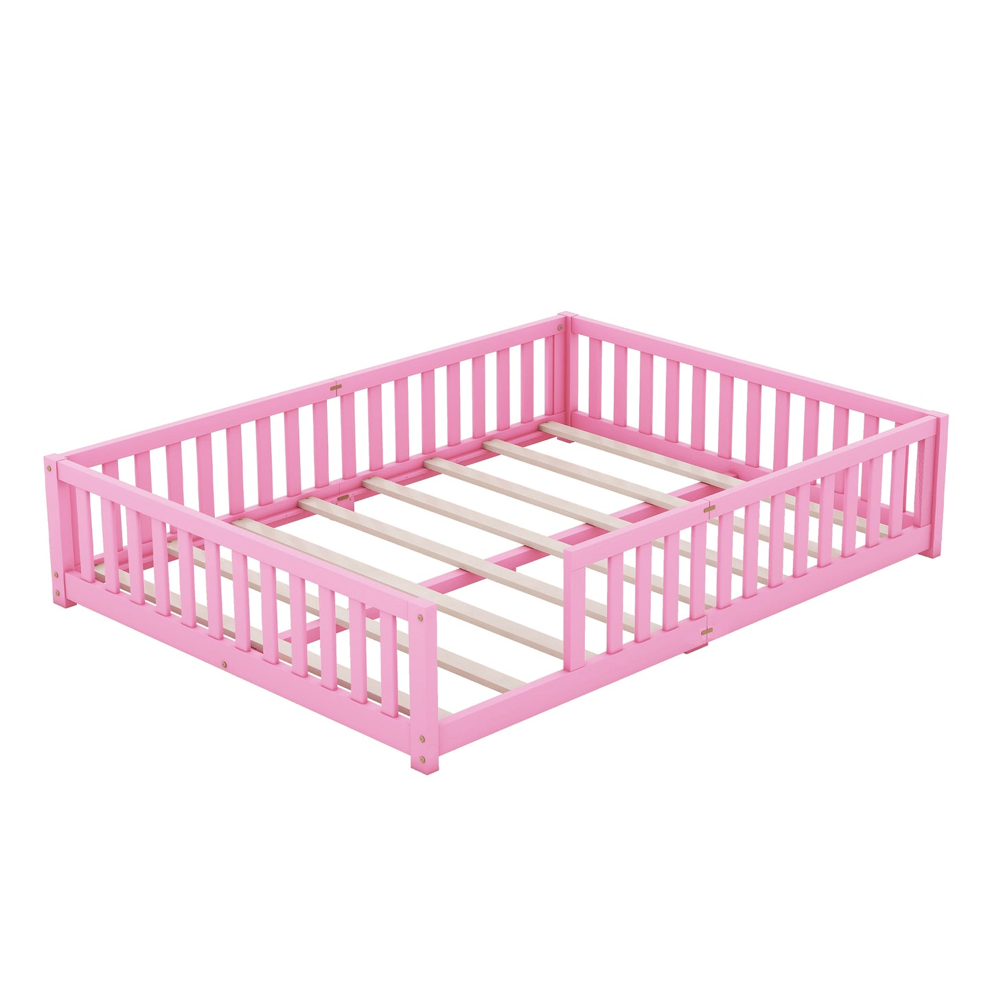 Queen Size Bed Floor Platform Bed with Safety Guardrails and Door for Kids, Pink