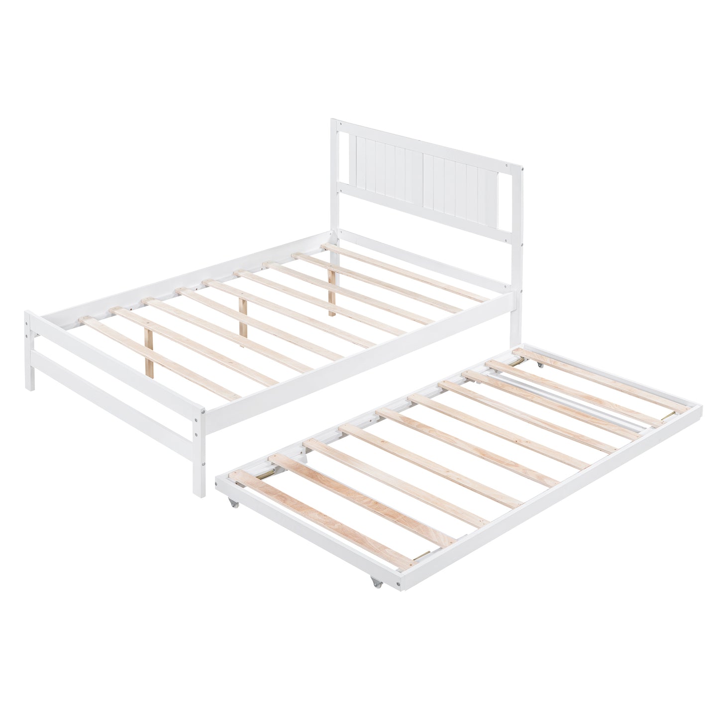 Full Size Platform Bed with Adjustable Trundle,White
