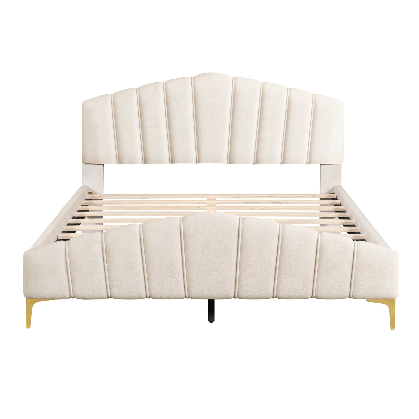 Queen Size Velvet Platform Bed with Thick Fabric, Stylish Stripe Decorated Bedboard and Elegant Metal Bed Leg, Beige
