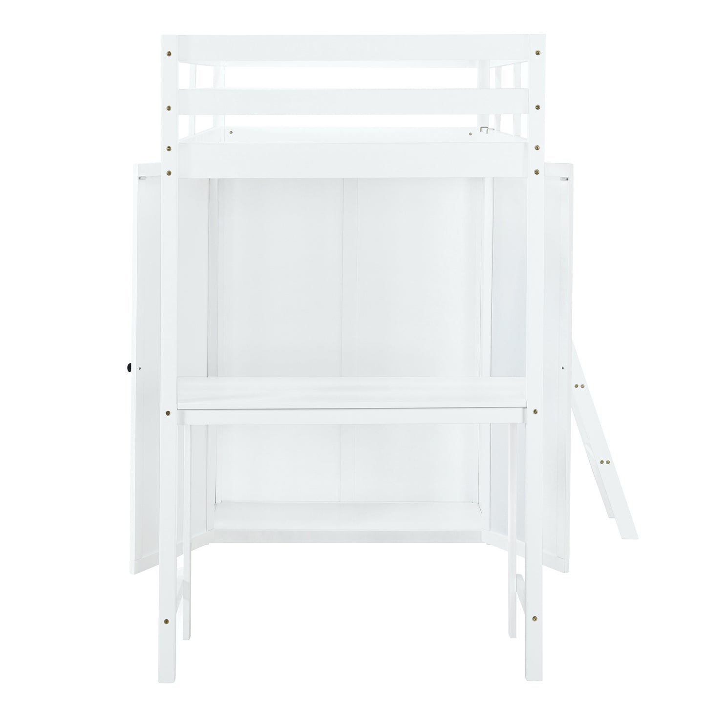 Twin Size Loft Bed with Wardrobe and Desk, White