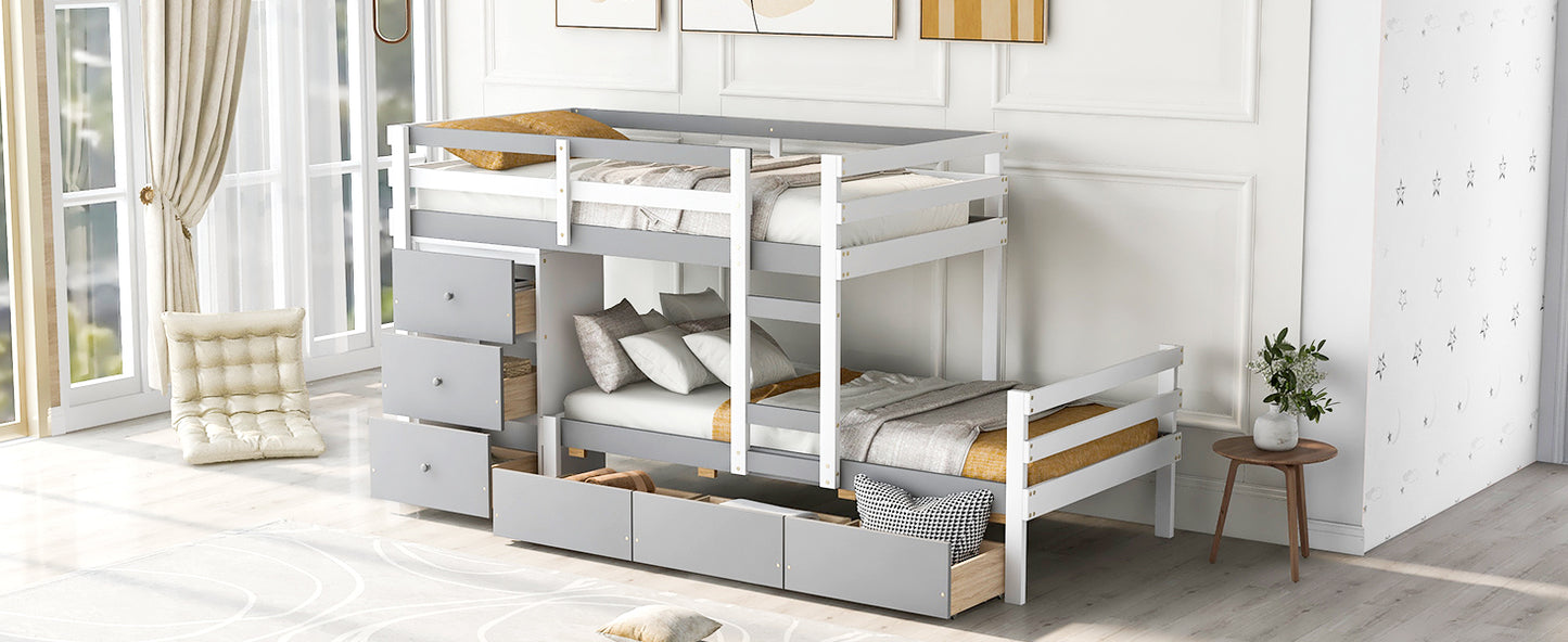 Twin over Twin Loft Bunk Bed with Drawers and Ladder, Gray