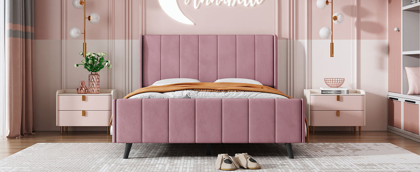 Full Size Upholstered Platform Bed, Velvet, Pink