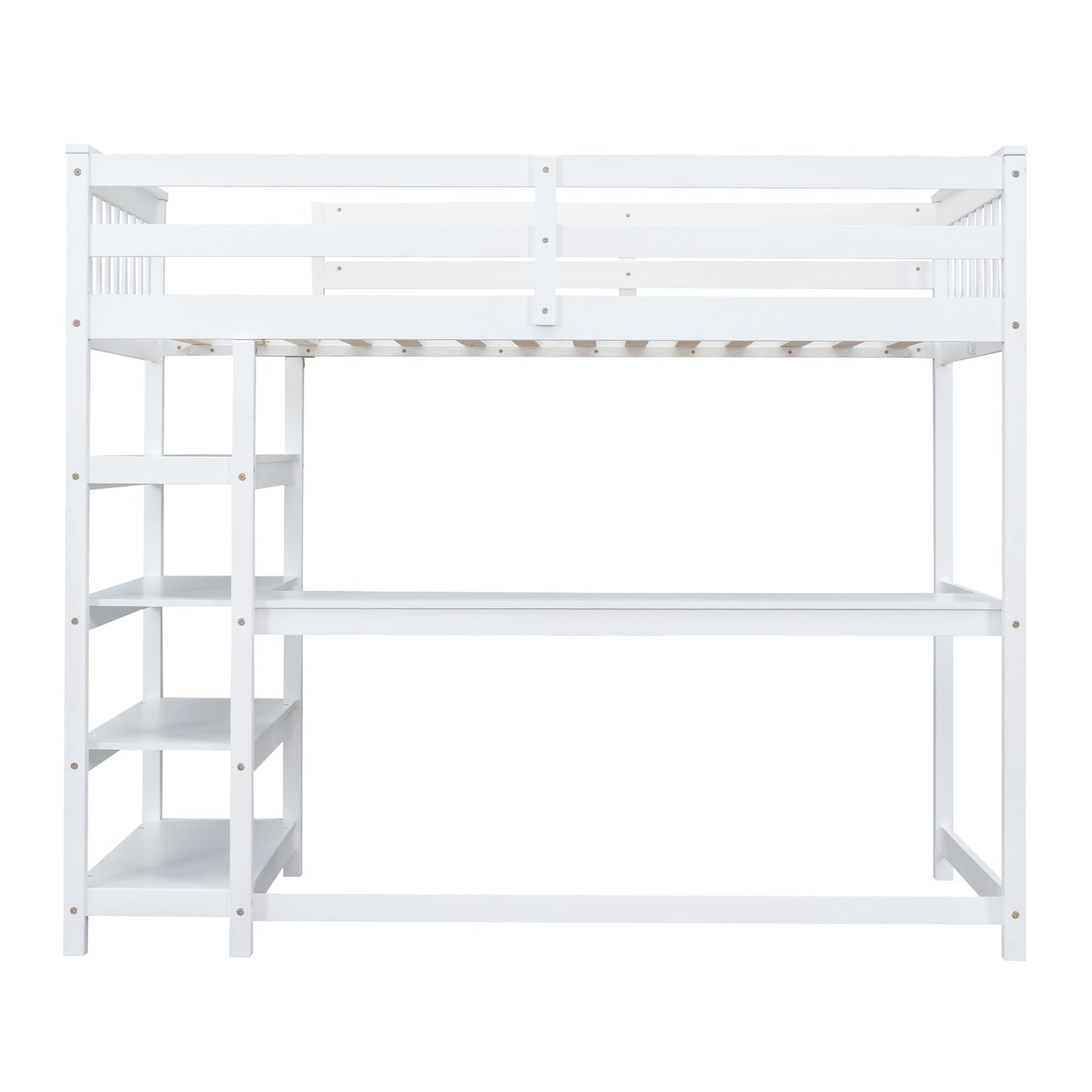 Twin Size Loft Bed with Storage Shelves and Under-bed Desk, White