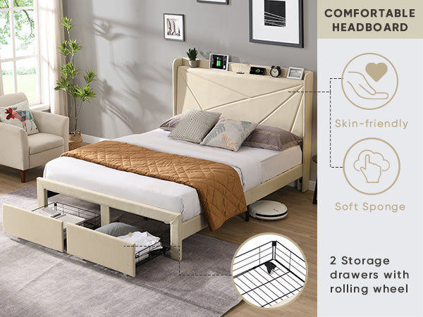 Full Size Platform Bed Frame with 2 Storage Drawers, Upholstered Bed Frame with Wingback Headboard Storage Shelf Built-in USB Charging Stations and Strong Wood Slats Support, No Box Spring Needed, Beige