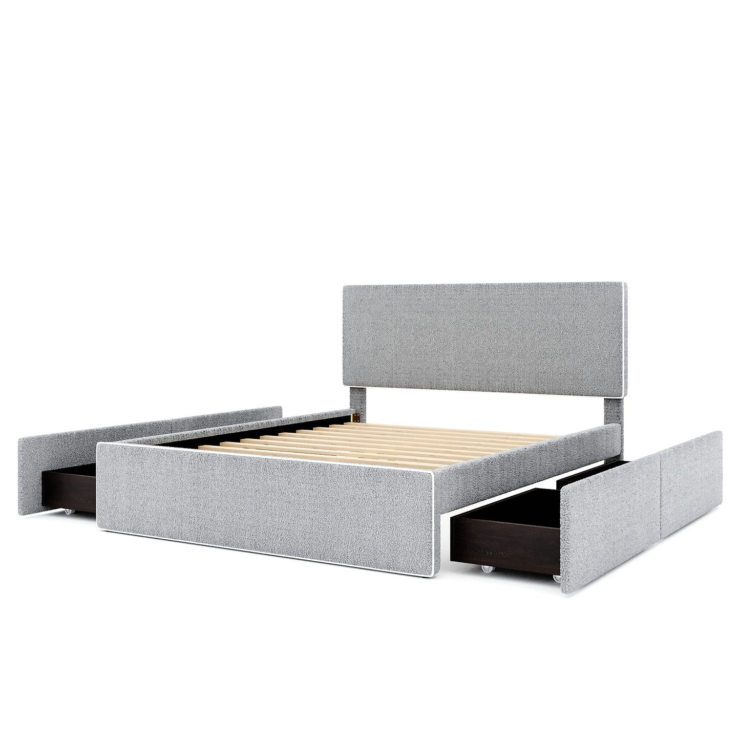Full Size Upholstered Platform Bed with 4 Drawers and White Edge on the Headboard & Footboard, Gray