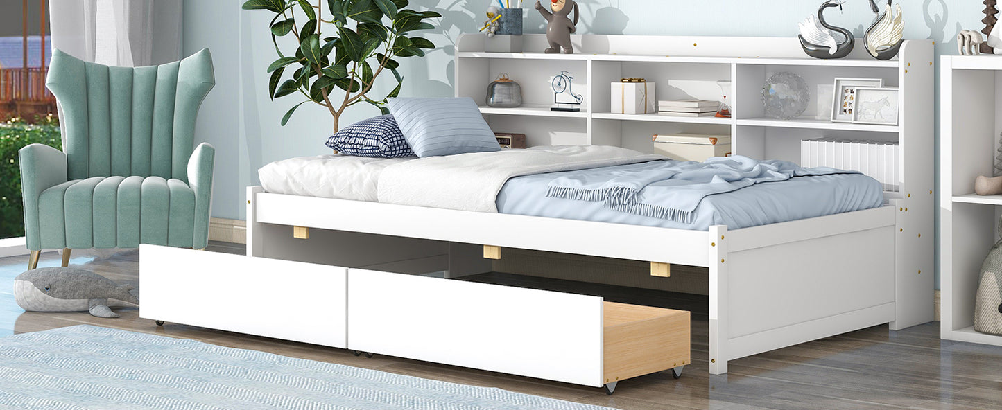 Twin Platform Bed with Side Bookcase, Drawers, White