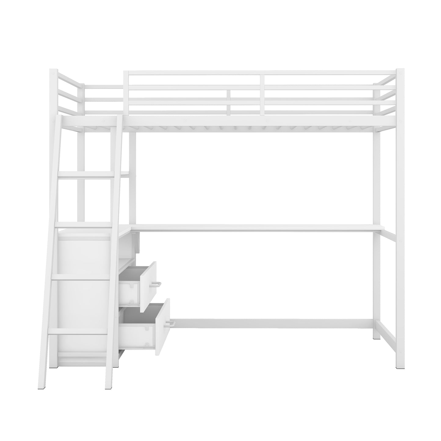 Twin Size Metal&Wood Loft Bed with Desk and Shelves, Two Built-in Drawers, White