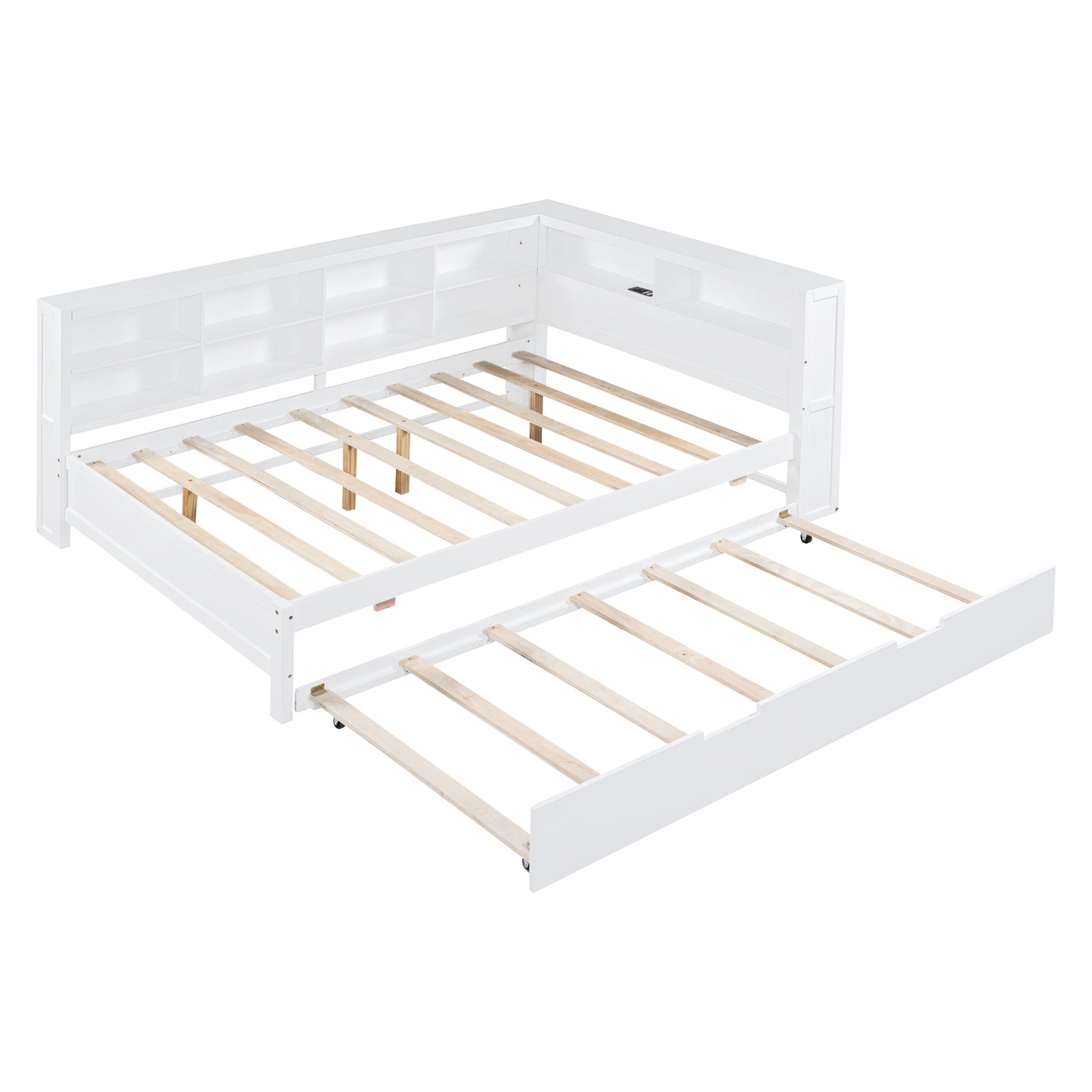 Wooden Full Size DayBed with Twin Size Trundle, DayBed with Storage Shelf and USB Charging Ports,White