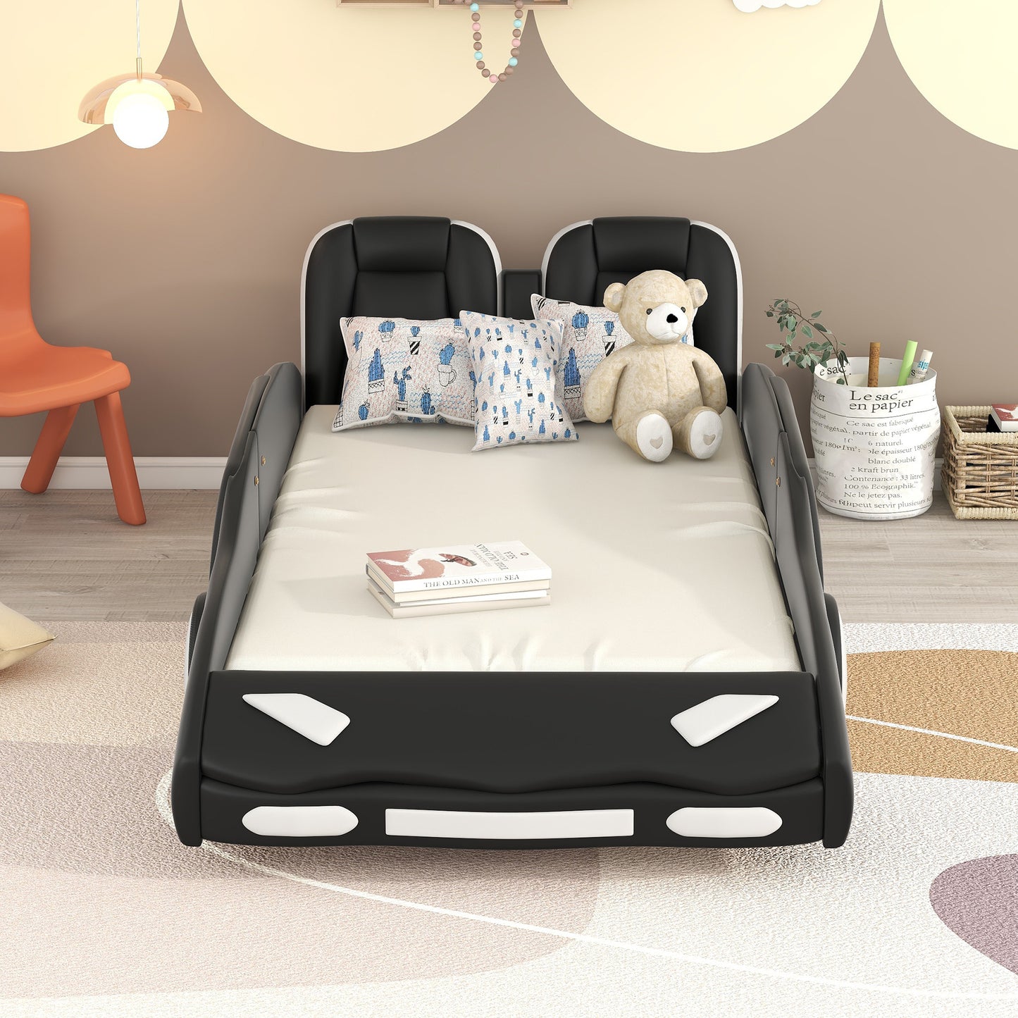 Twin Size Race Car-Shaped Platform Bed with Wheels, Black