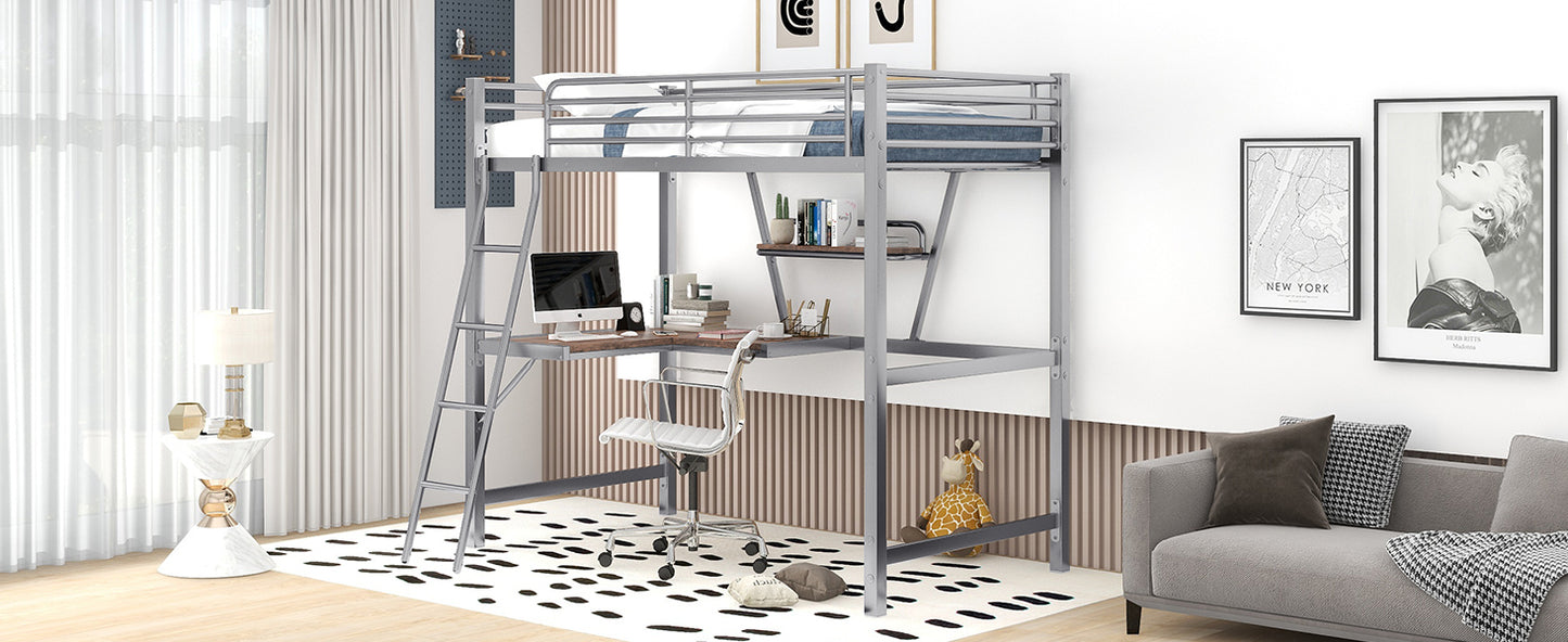 Twin Size Loft Metal&MDF Bed with Desk and Shelf, Silver