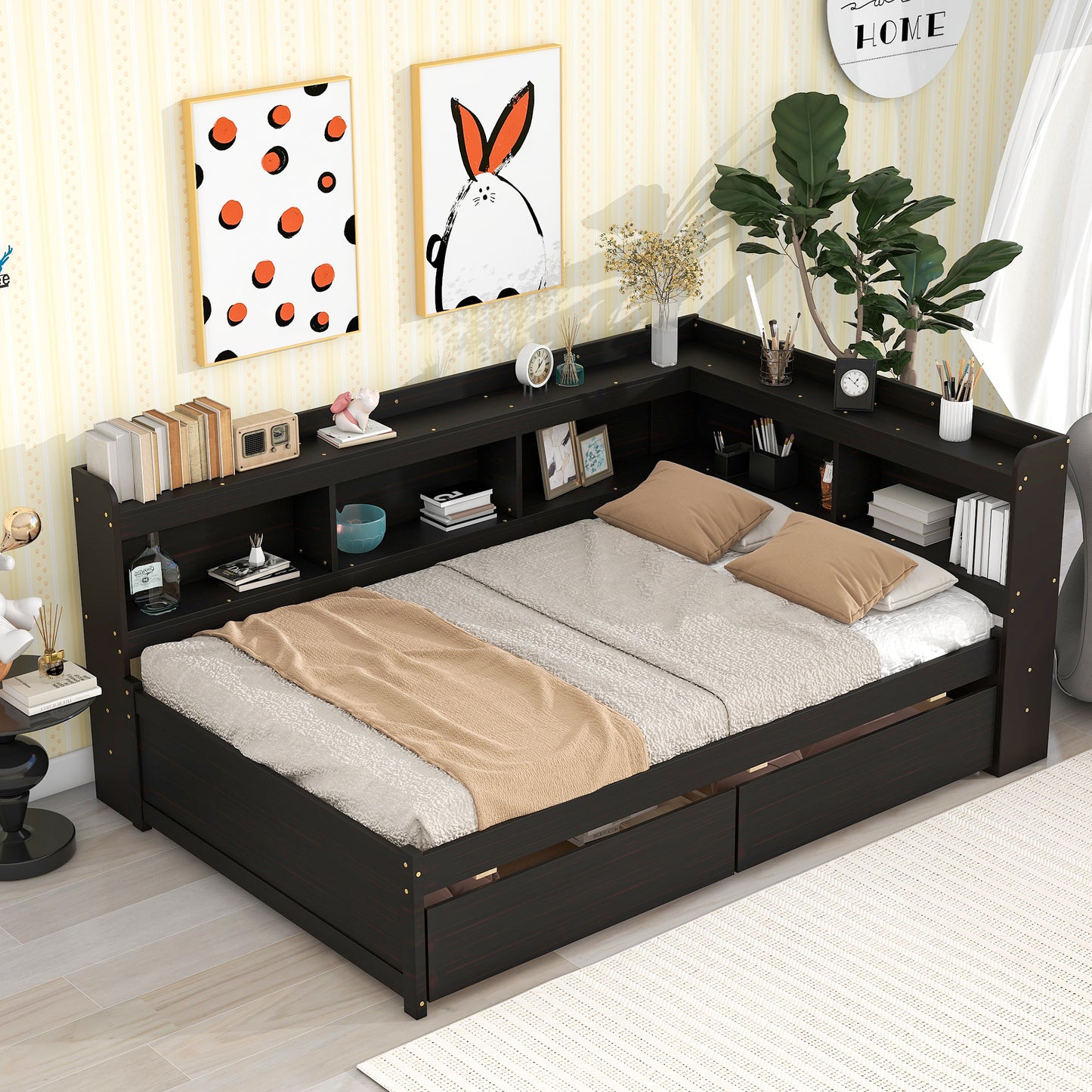 Full Platform Bed with L-shaped Bookcases, Drawers, Espresso