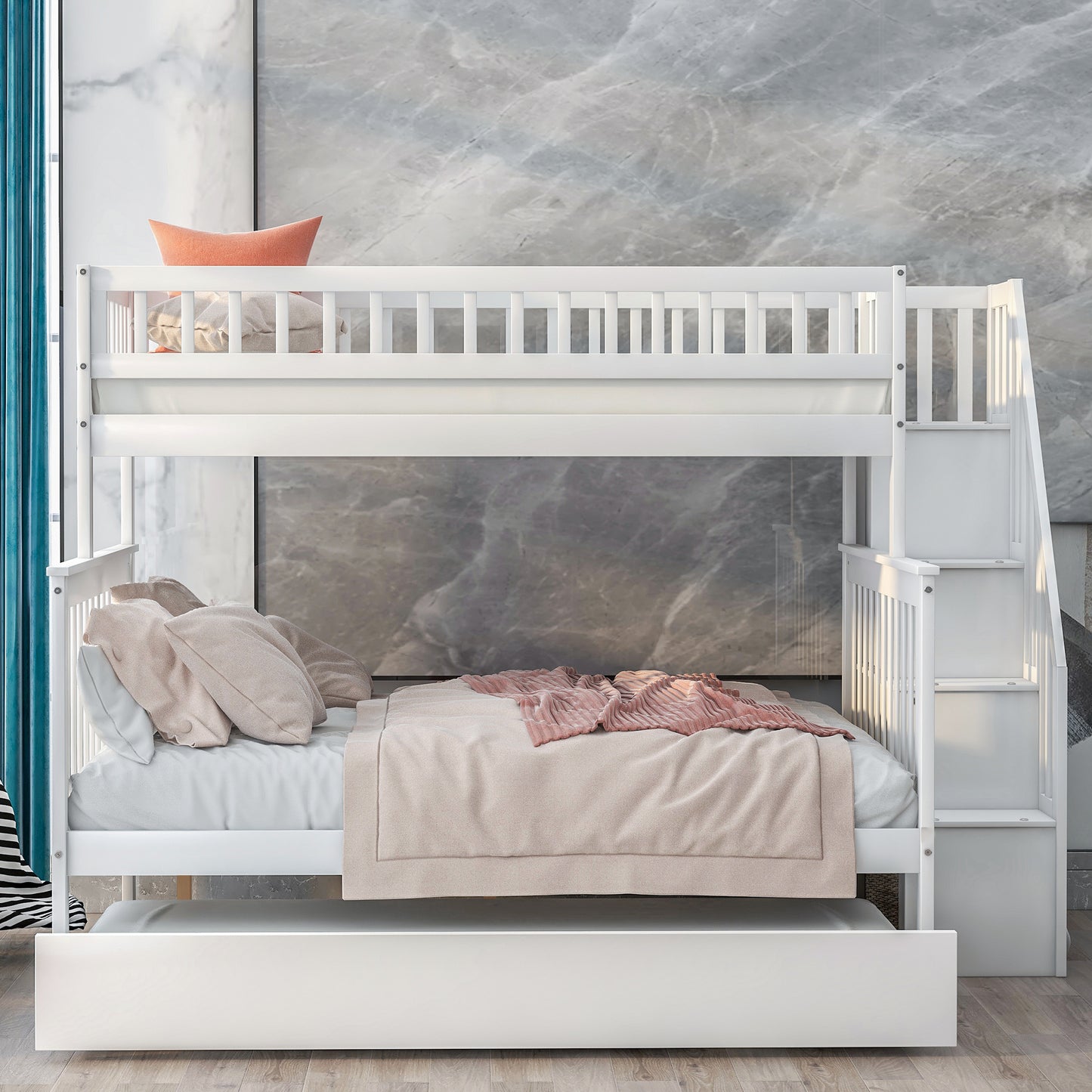 Twin over Full Bunk Bed with Trundle and Staircase,White